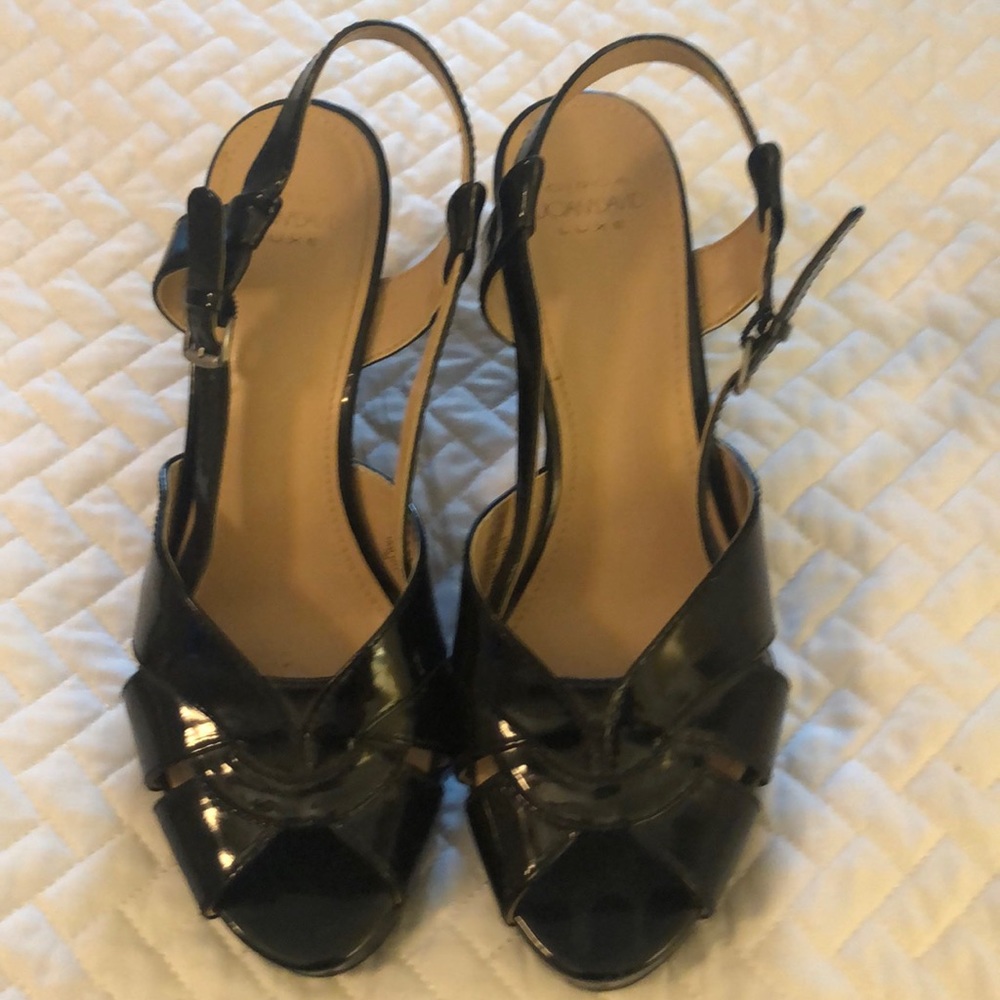 Black patent wedge platform sandals